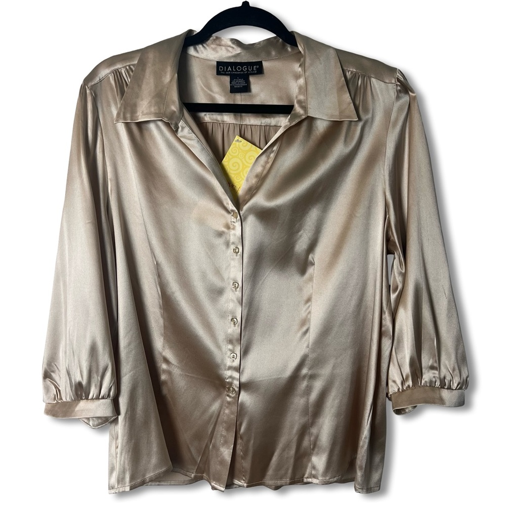 Dialogue – Women’s Champagne Silk Button Front Blouse QVC NWT‎ – Sz. L
